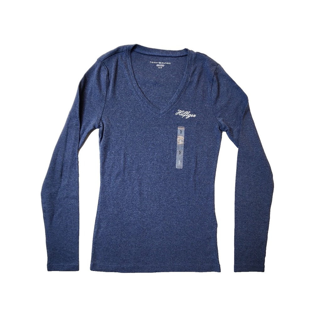 Tommy Hilfiger Women Long Sleeve Fave Solid Top V-neck Casual Cotton Tee‎ Size S